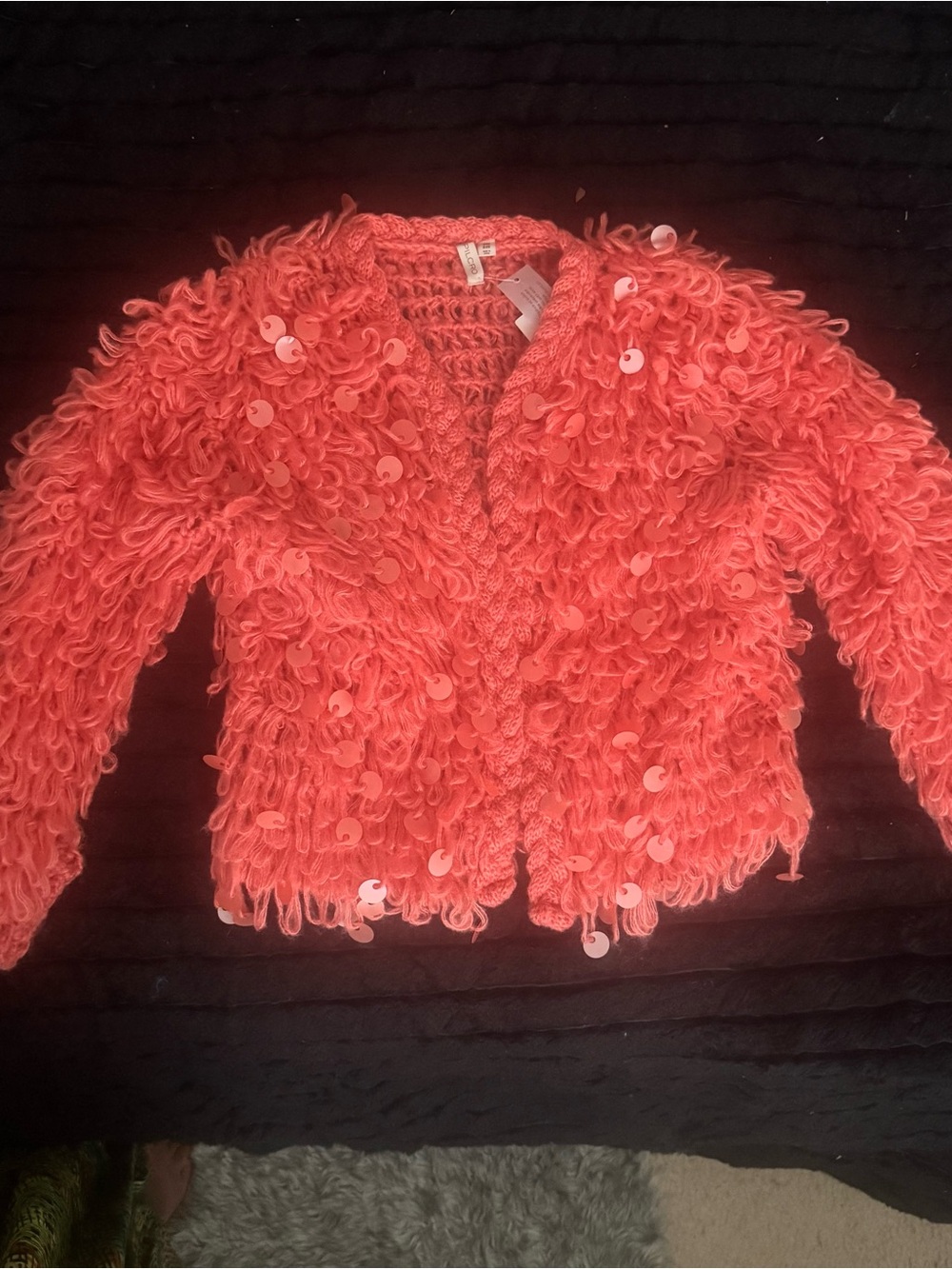 Anthropologie Coral Loop-Trim Sequin Teddy Jacket - Bright Coral
